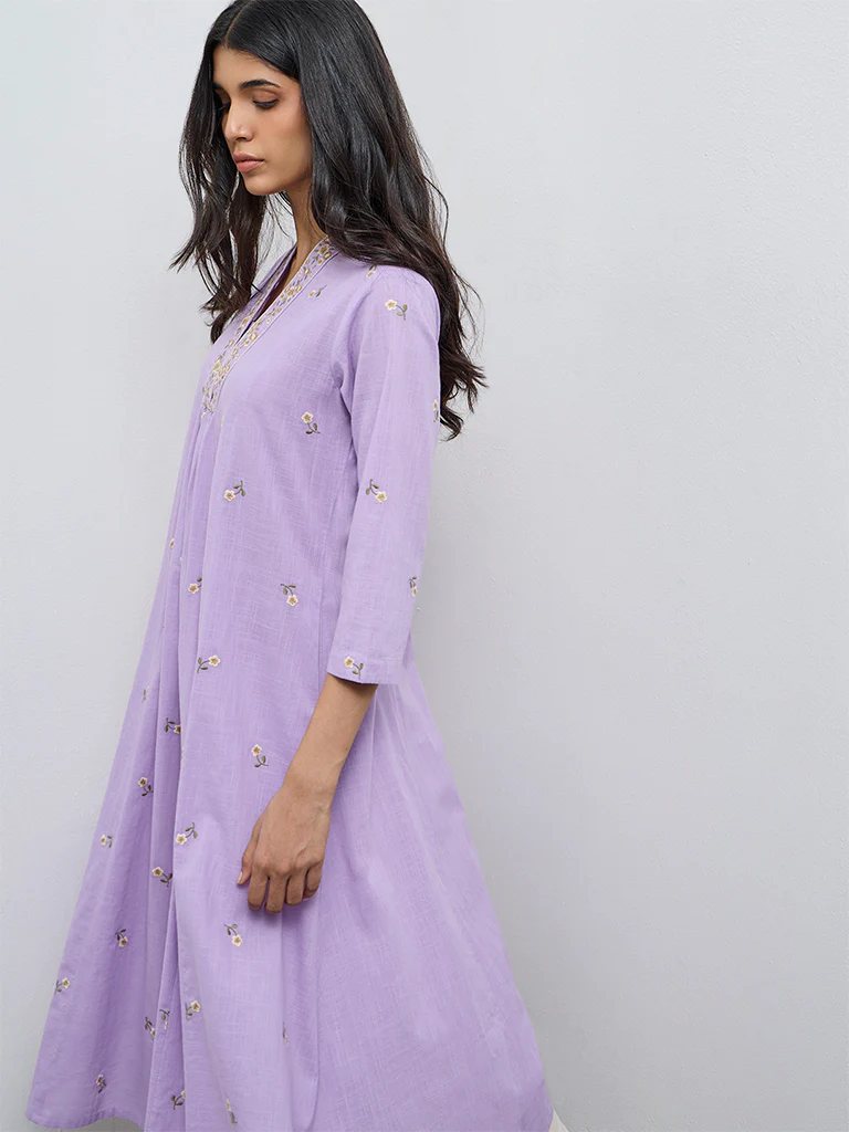 Utsa Purple Floral Embroidered Cotton A-Line Kurta - Image 2