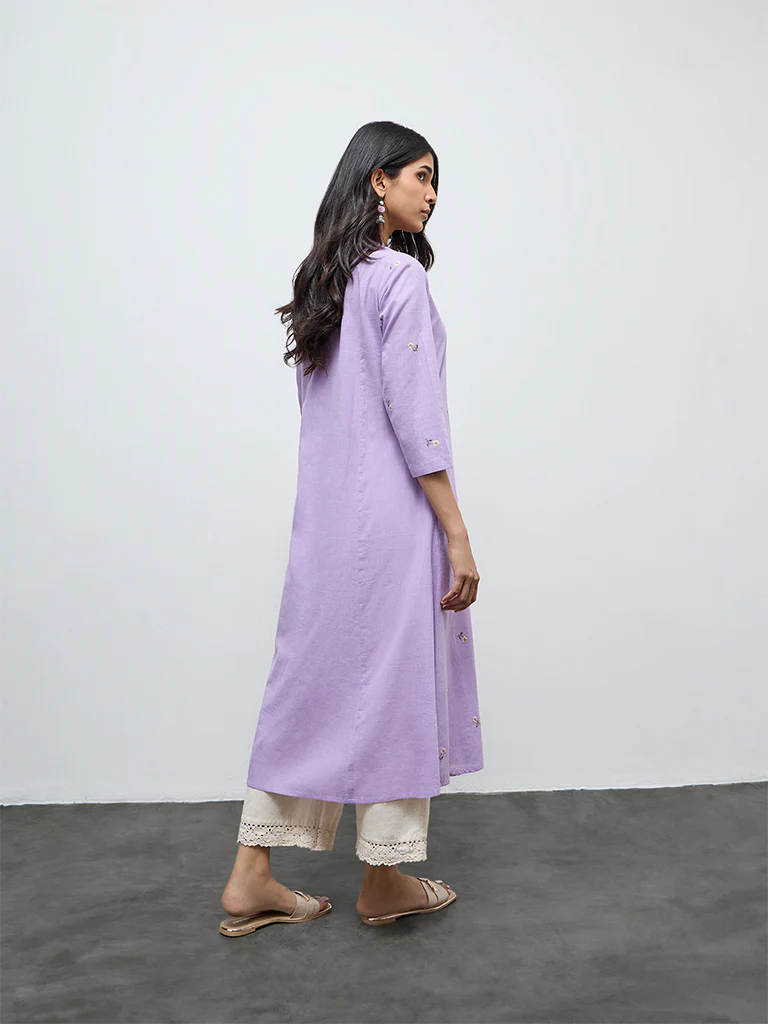 Utsa Purple Floral Embroidered Cotton A-Line Kurta - Image 4