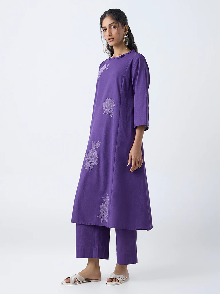 Utsa Purple Floral Embroidered Cotton-Blend A-Line Kurta - Image 2