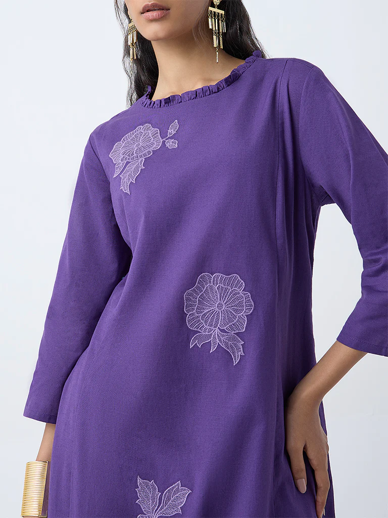Utsa Purple Floral Embroidered Cotton-Blend A-Line Kurta - Image 3