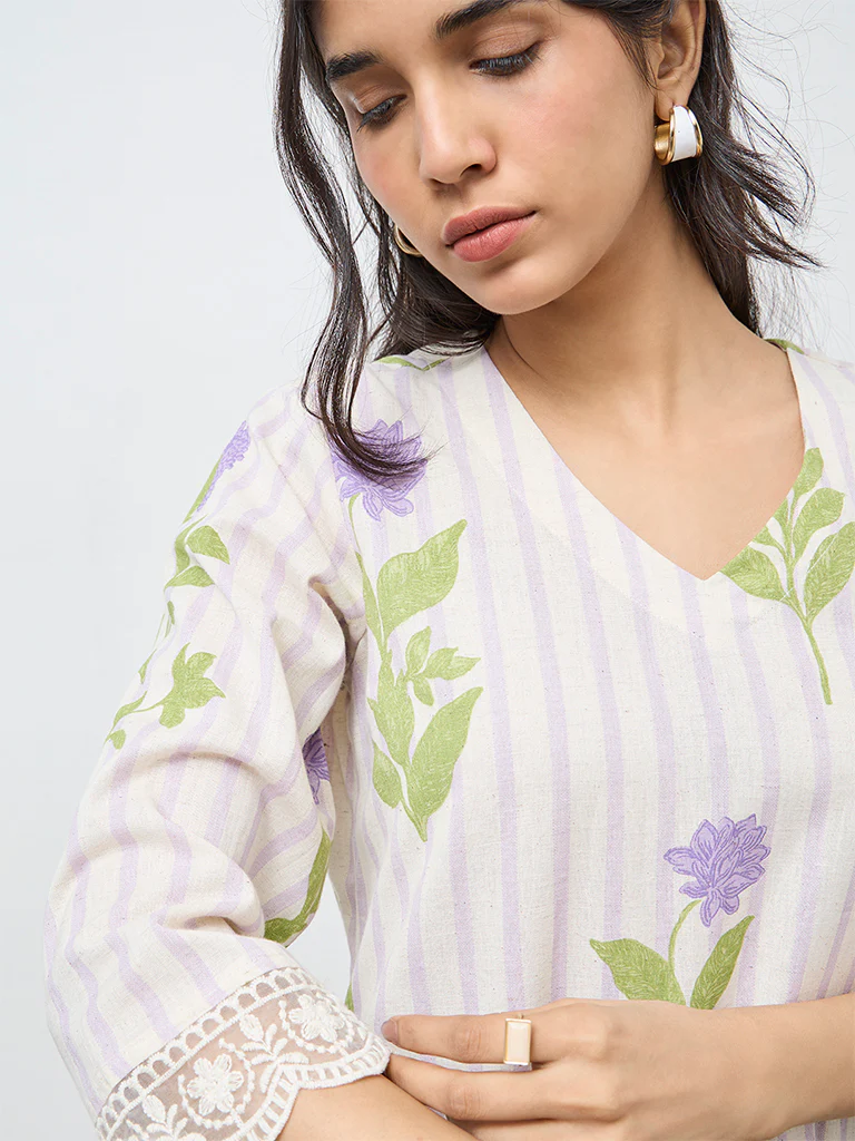 Utsa Purple Floral Printed A-Line Cotton Kurta - Image 3