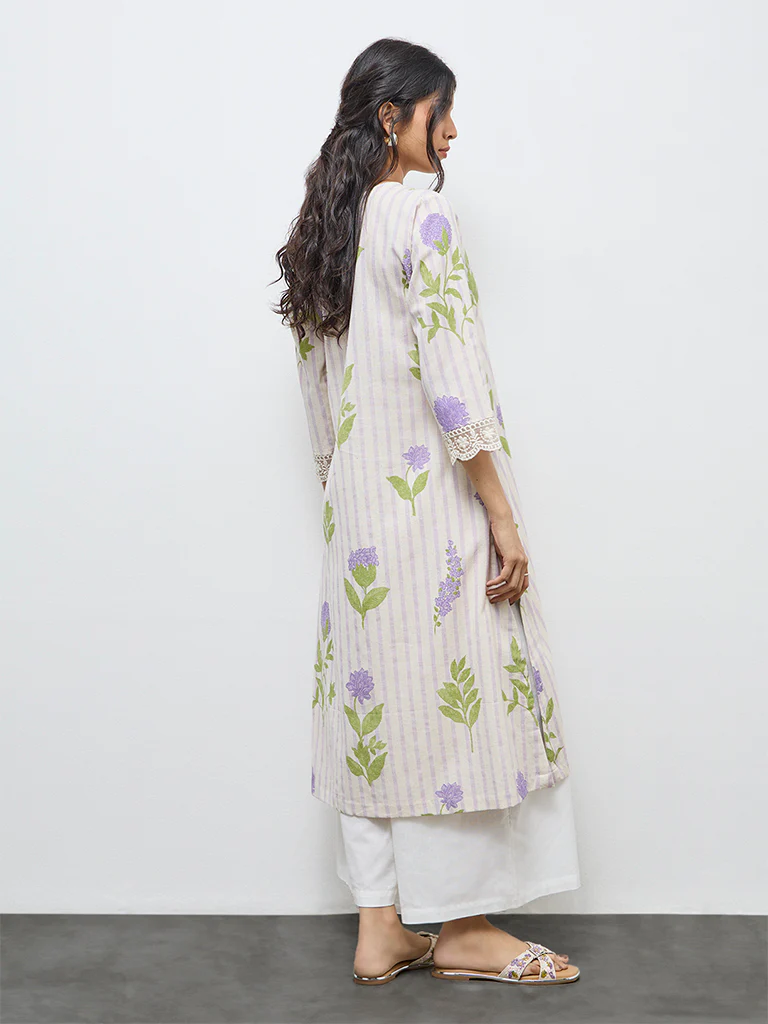 Utsa Purple Floral Printed A-Line Cotton Kurta - Image 4