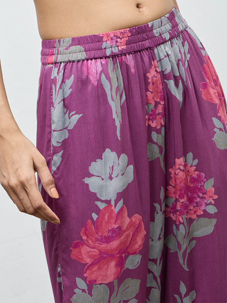 Utsa Purple Floral Printed Pants - Image 3