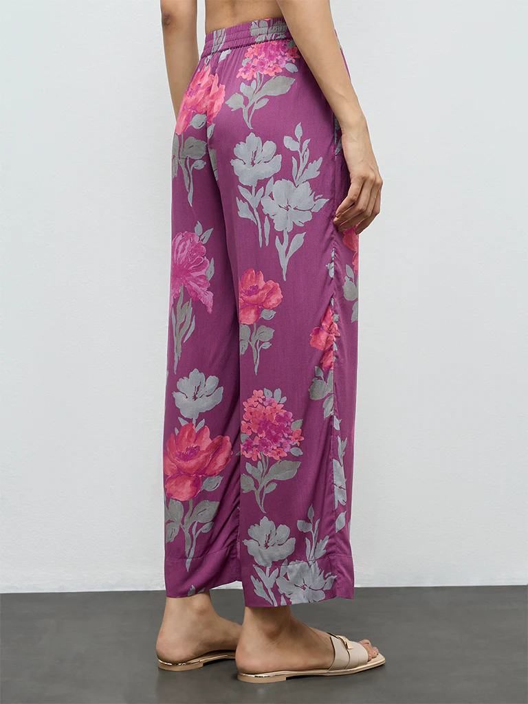 Utsa Purple Floral Printed Pants - Image 4