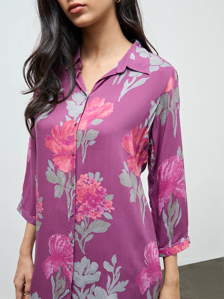 Utsa Purple Floral Straight Kurta - Image 3