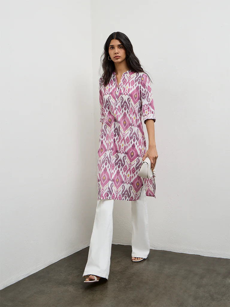 Utsa Purple Printed Cotton Straight Kurta - Image 2