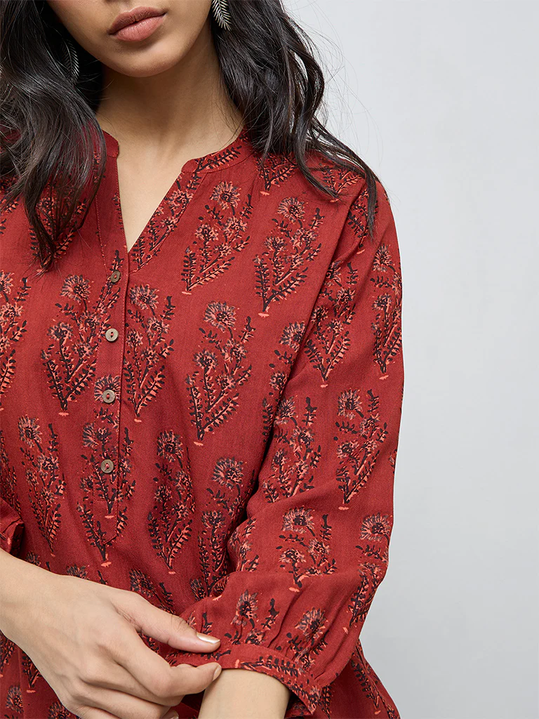 Utsa Red Botanical Printed Tunic - Image 3