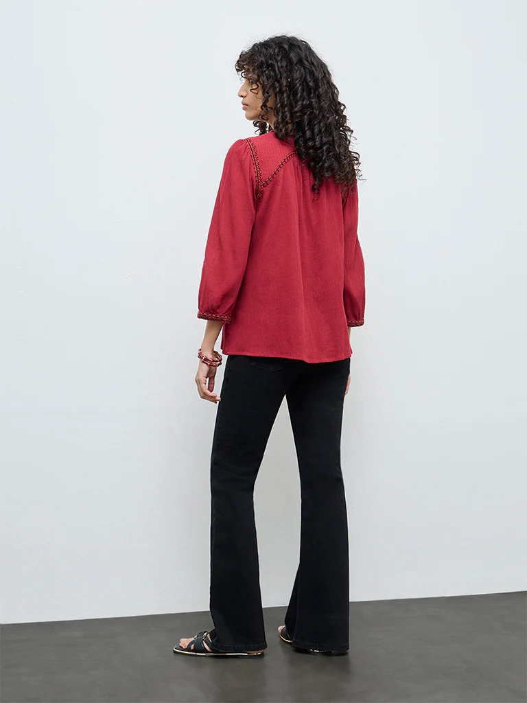 Utsa Red Crinkle Textured Embroidered Cotton Tunic - Image 4