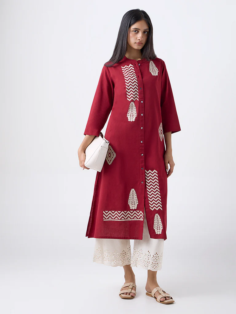 Utsa Red Embroidered Cotton-Blend A-Line Kurta