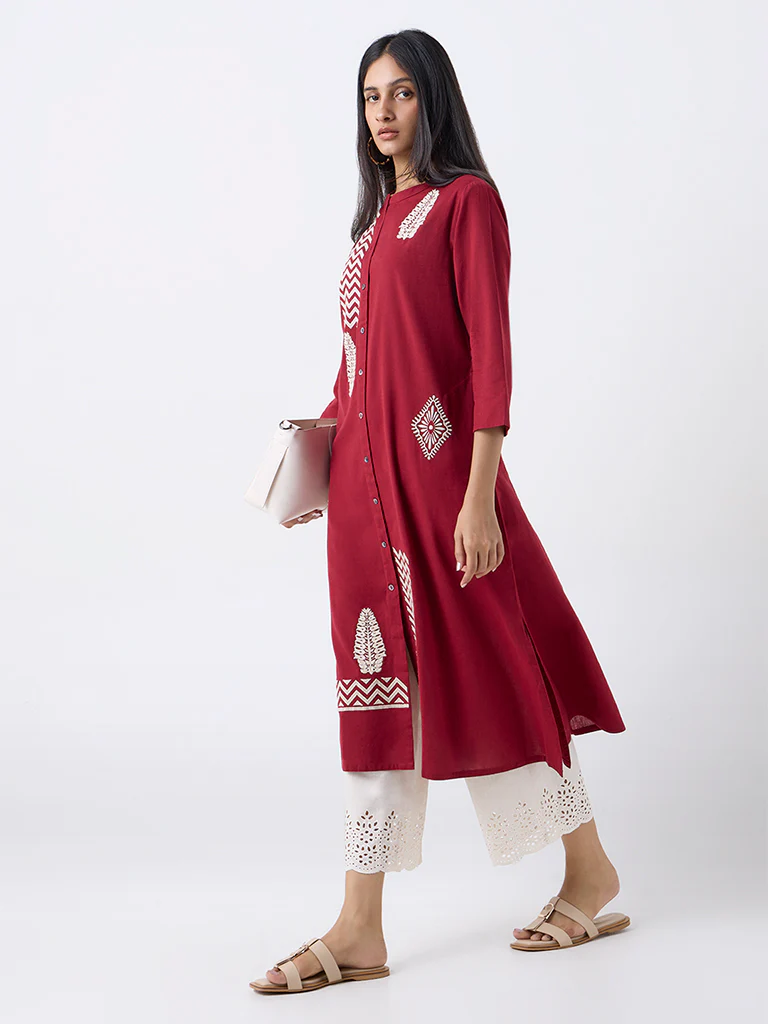 Utsa Red Embroidered Cotton-Blend A-Line Kurta - Image 2