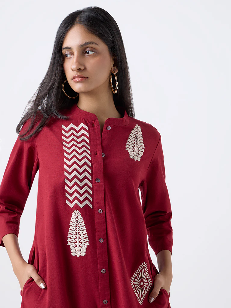 Utsa Red Embroidered Cotton-Blend A-Line Kurta - Image 3
