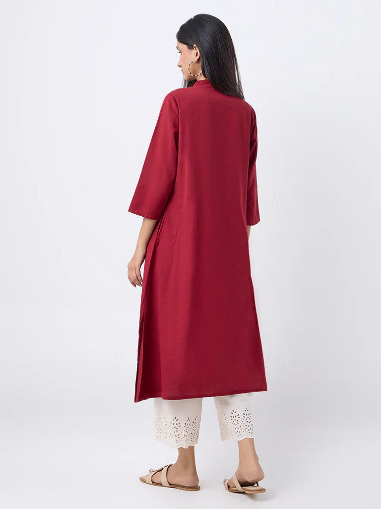 Utsa Red Embroidered Cotton-Blend A-Line Kurta - Image 4