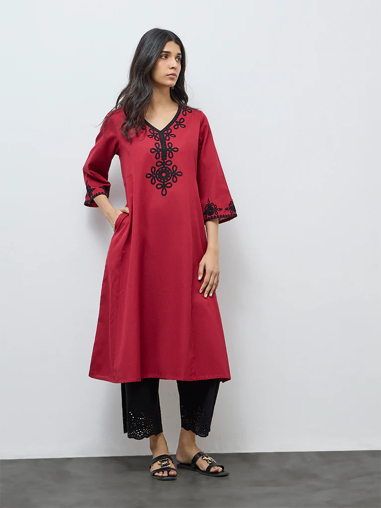 Utsa Red Embroidered Cotton-Blend A-Line Kurta - Image 2