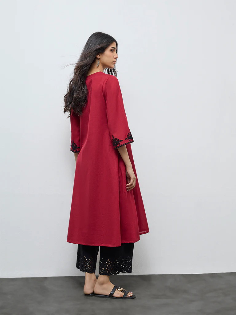Utsa Red Embroidered Cotton-Blend A-Line Kurta - Image 4