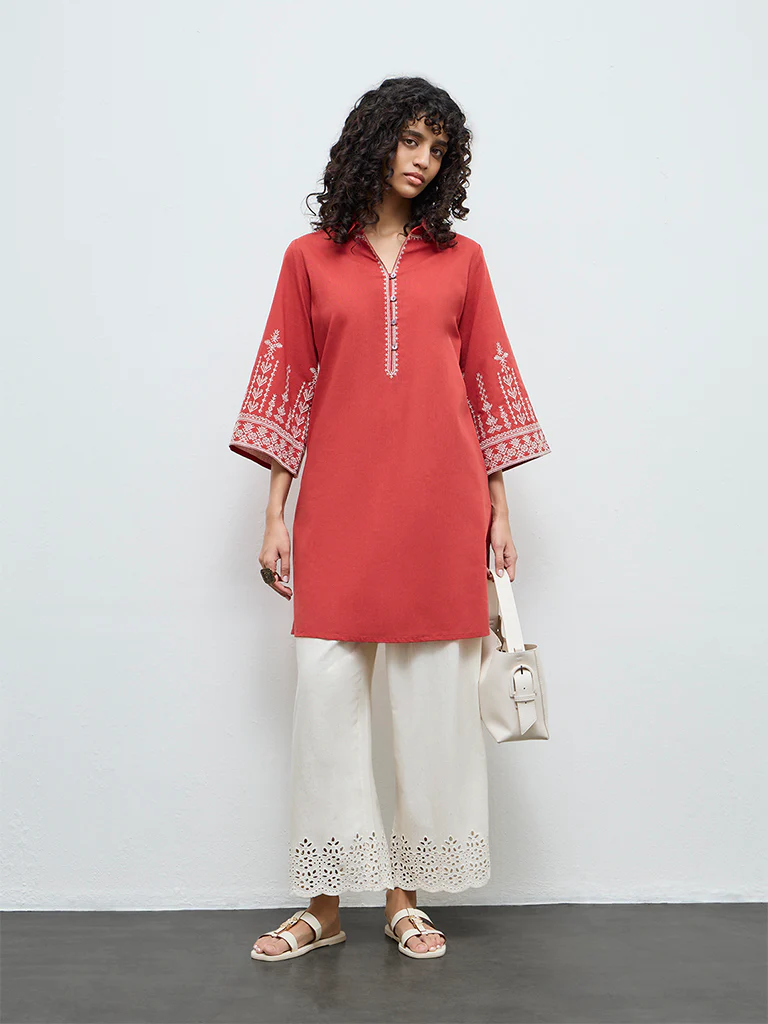 Utsa Red Embroidered Cotton-Blend A-Line Kurta