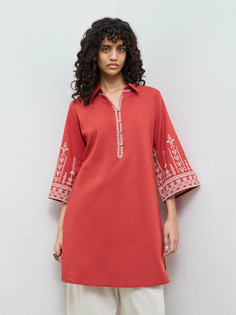 Utsa Red Embroidered Cotton-Blend A-Line Kurta - Image 2