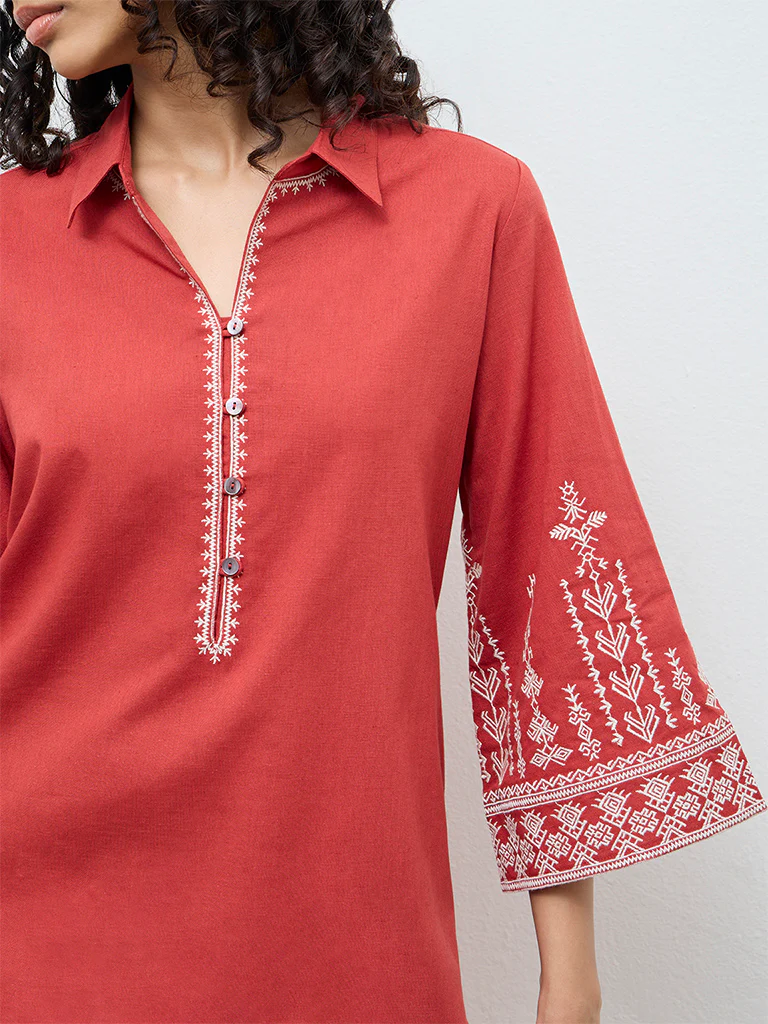 Utsa Red Embroidered Cotton-Blend A-Line Kurta - Image 3