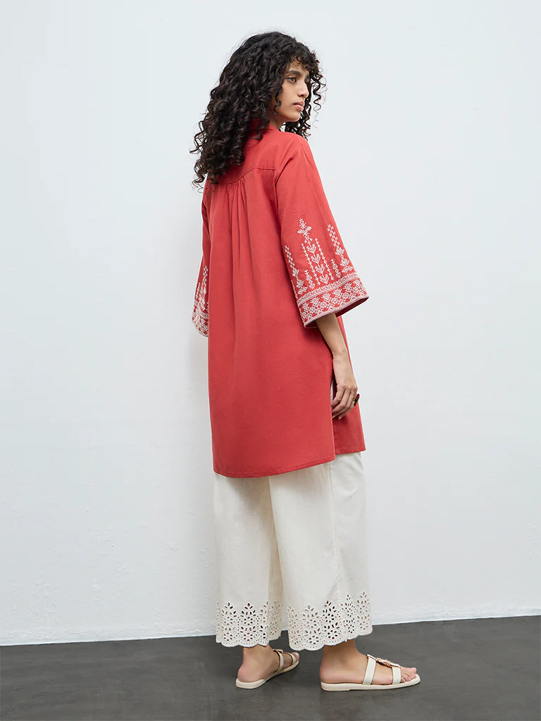 Utsa Red Embroidered Cotton-Blend A-Line Kurta - Image 4
