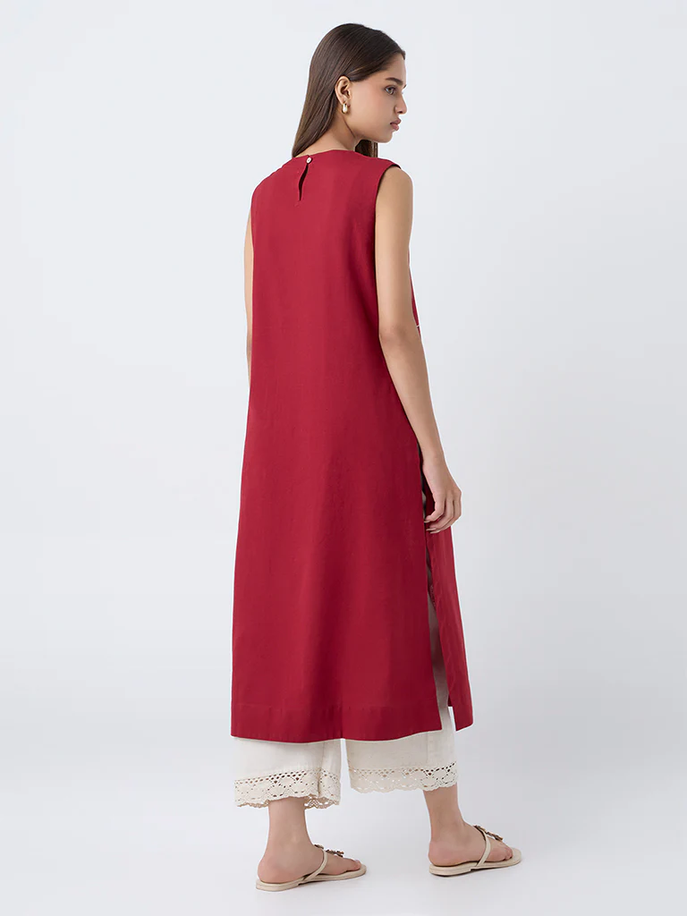 Utsa Red Embroidered Cotton-Blend Straight Kurta - Image 4