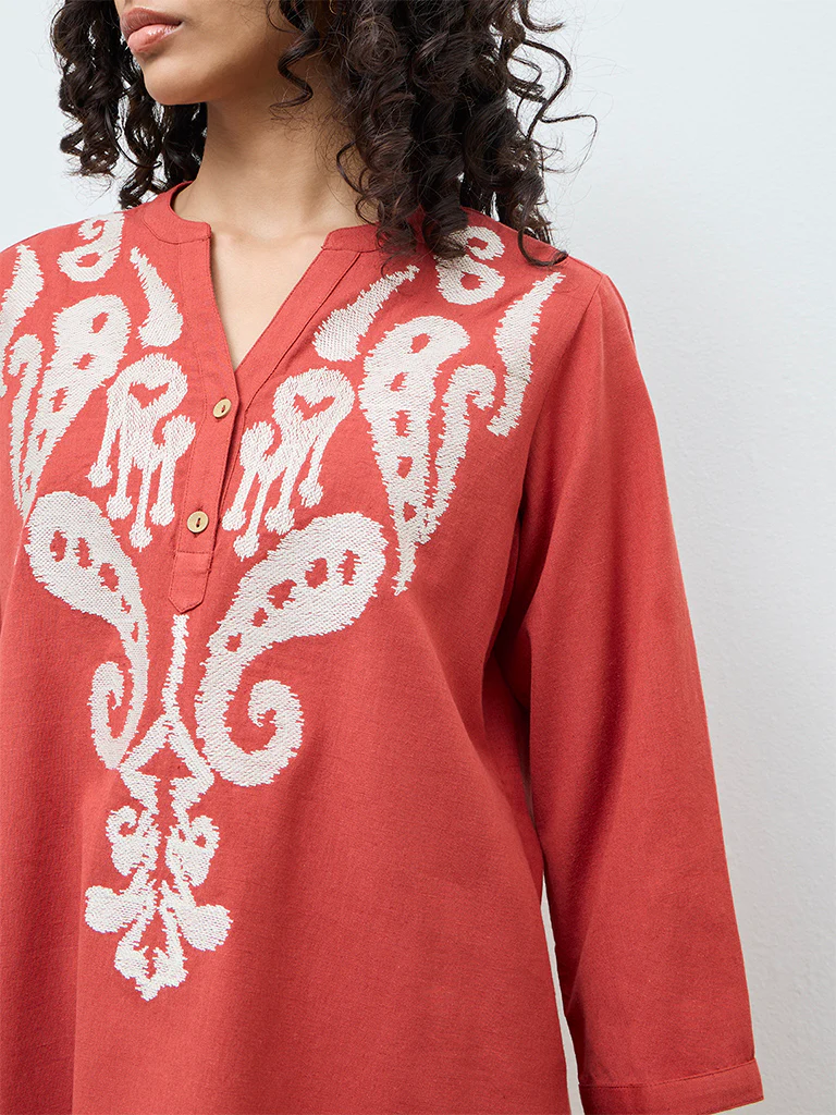 Utsa Red Embroidered Cotton-Blend Tunic - Image 3