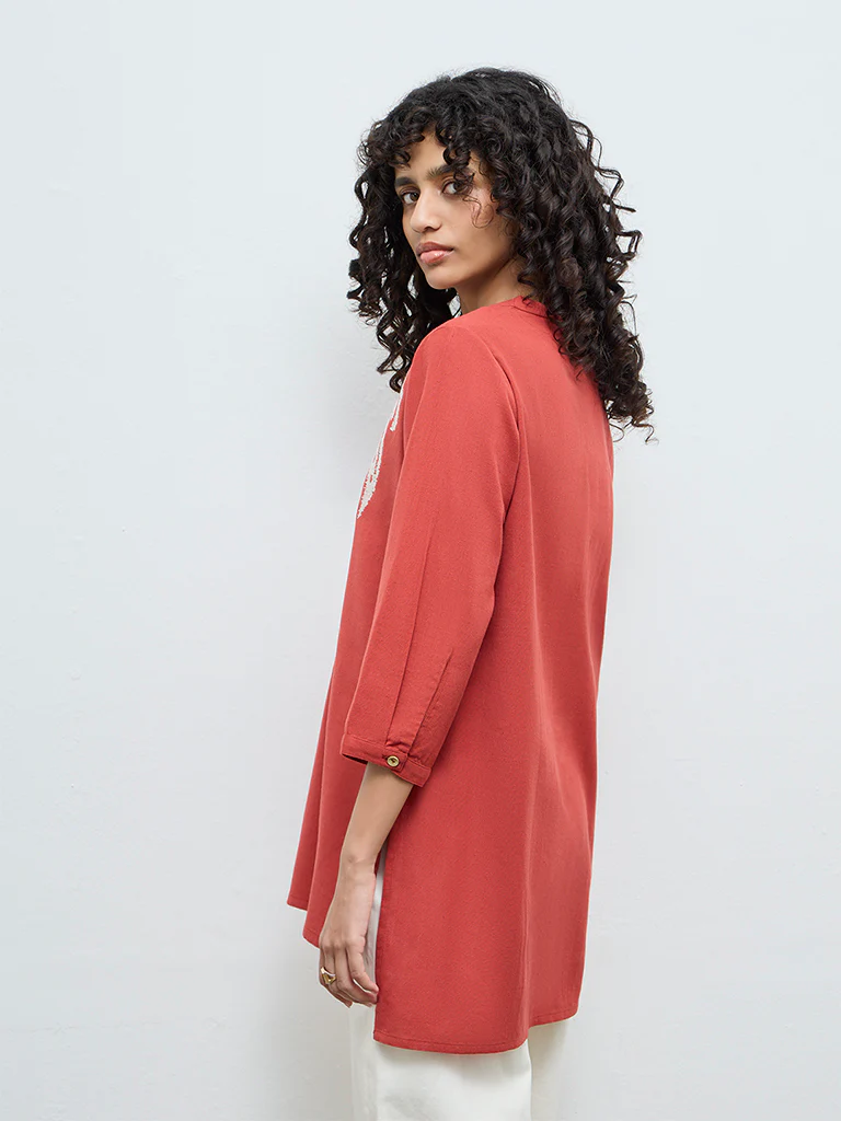 Utsa Red Embroidered Cotton-Blend Tunic - Image 4