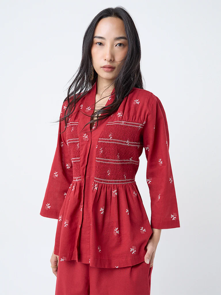 Utsa Red Embroidered Smocked Cotton Tunic
