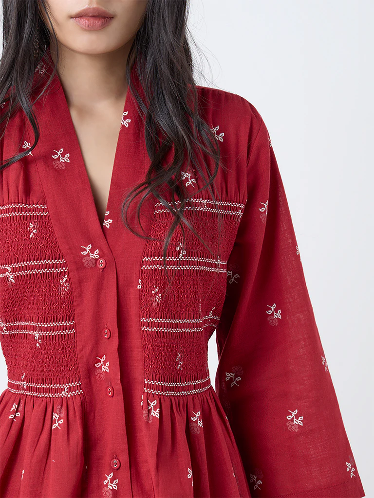 Utsa Red Embroidered Smocked Cotton Tunic - Image 3