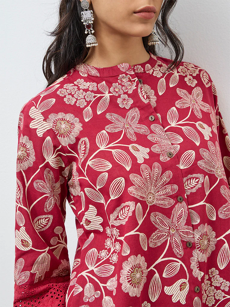 Utsa Red Floral Cotton-Blend A-Line Kurta - Image 3