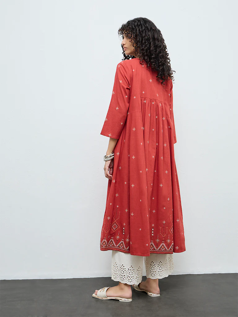 Utsa Red Floral Embroidered Cotton Anarkali Kurta - Image 4