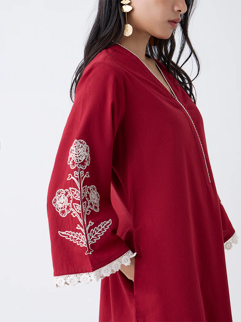 Utsa Red Floral Embroidered Cotton-Blend A-Line Kurta - Image 3