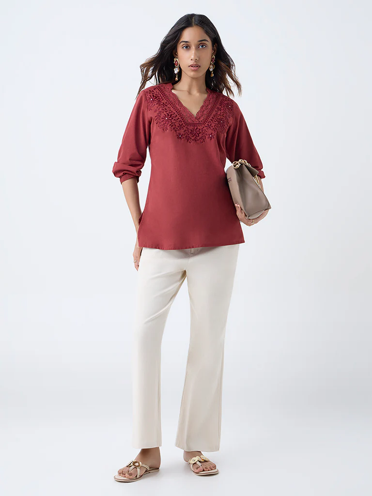 Utsa Red Floral Embroidered Cotton-Blend Top - Image 2