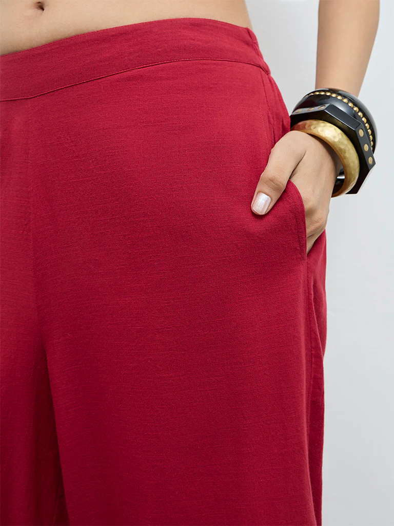 Utsa Red Floral Embroidered Cotton Pants - Image 3