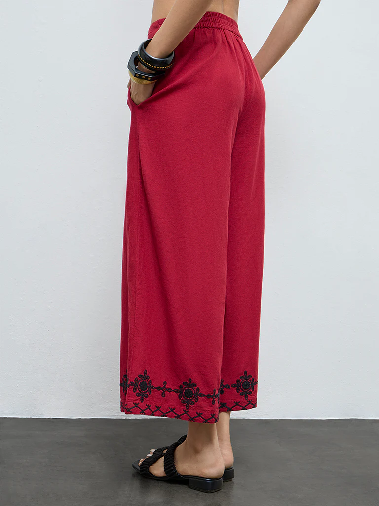 Utsa Red Floral Embroidered Cotton Pants - Image 4