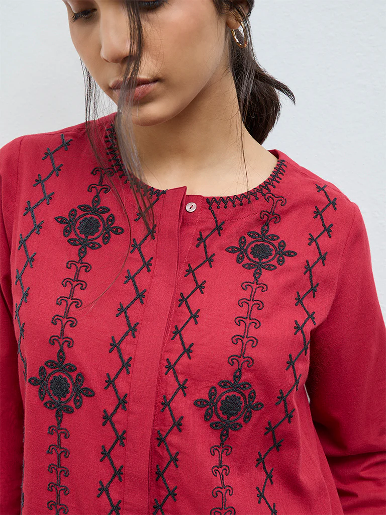 Utsa Red Floral Embroidered Cotton Tunic - Image 3
