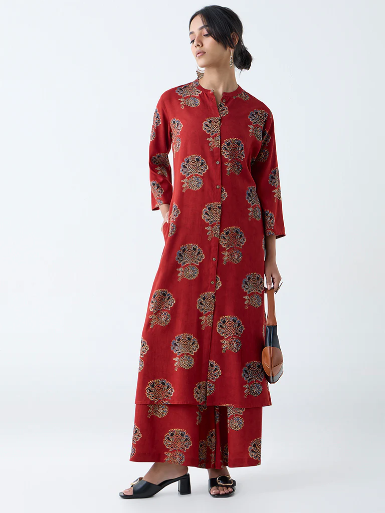 Utsa Red Floral Pattern A-Line Kurta