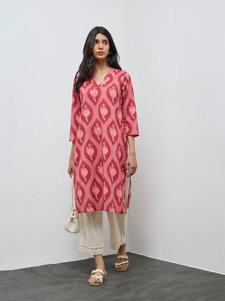 Utsa Red Floral Printed Cotton Straight Kurta - Image 2