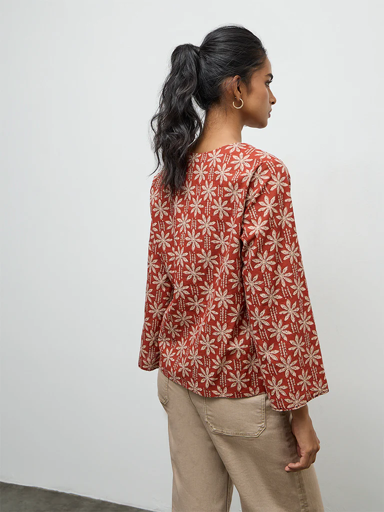 Utsa Red Floral Printed Cotton Top - Image 4