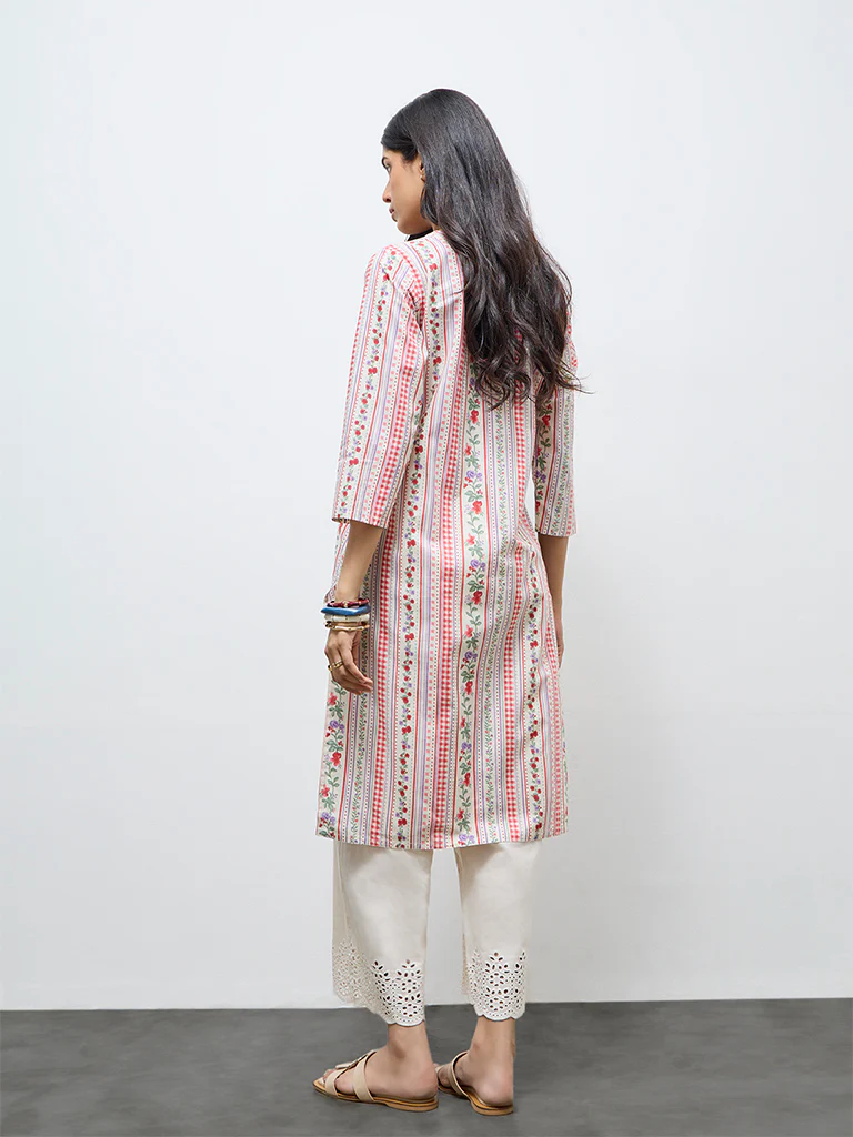 Utsa Red Floral Straight Cotton Kurta - Image 4