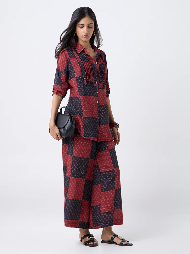 Utsa Red Grid Printed Palazzos - Image 2