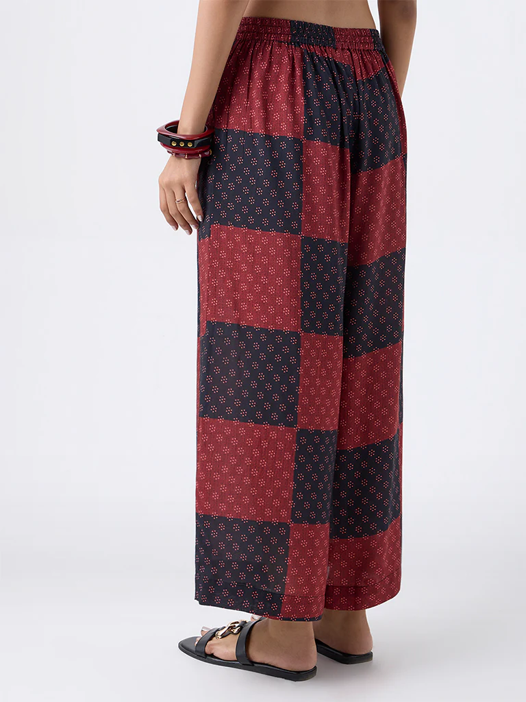 Utsa Red Grid Printed Palazzos - Image 4