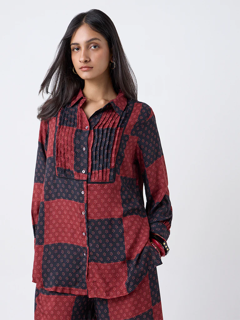 Utsa Red Grid Printed Tunic