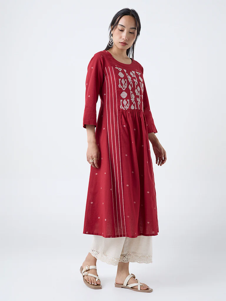 Utsa Red Jamdani Embroidered Cotton-Blend A-Line Kurta - Image 2