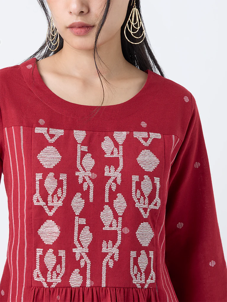 Utsa Red Jamdani Embroidered Cotton-Blend A-Line Kurta - Image 3
