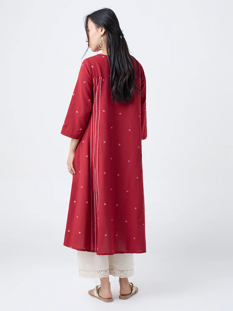 Utsa Red Jamdani Embroidered Cotton-Blend A-Line Kurta - Image 4