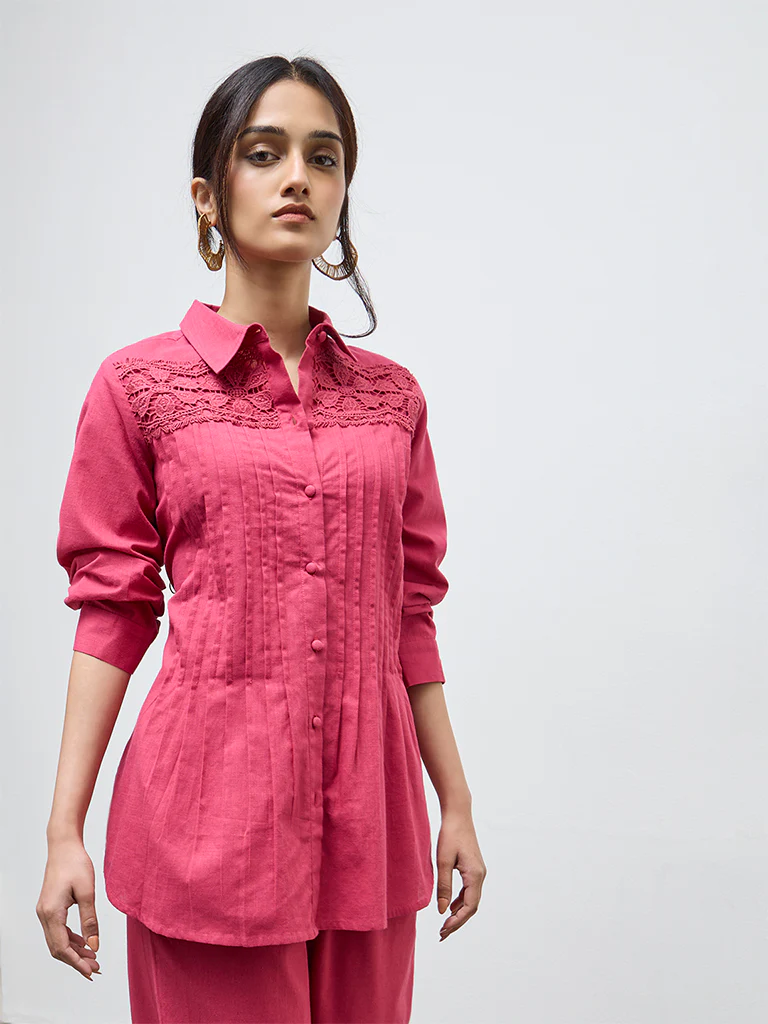 Utsa Red Lace Detailed Cotton Tunic - Image 2