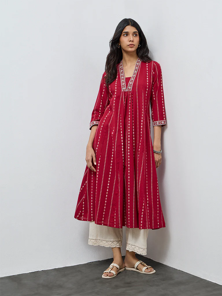 Utsa Red Printed A-Line Cotton Kurta - Image 2