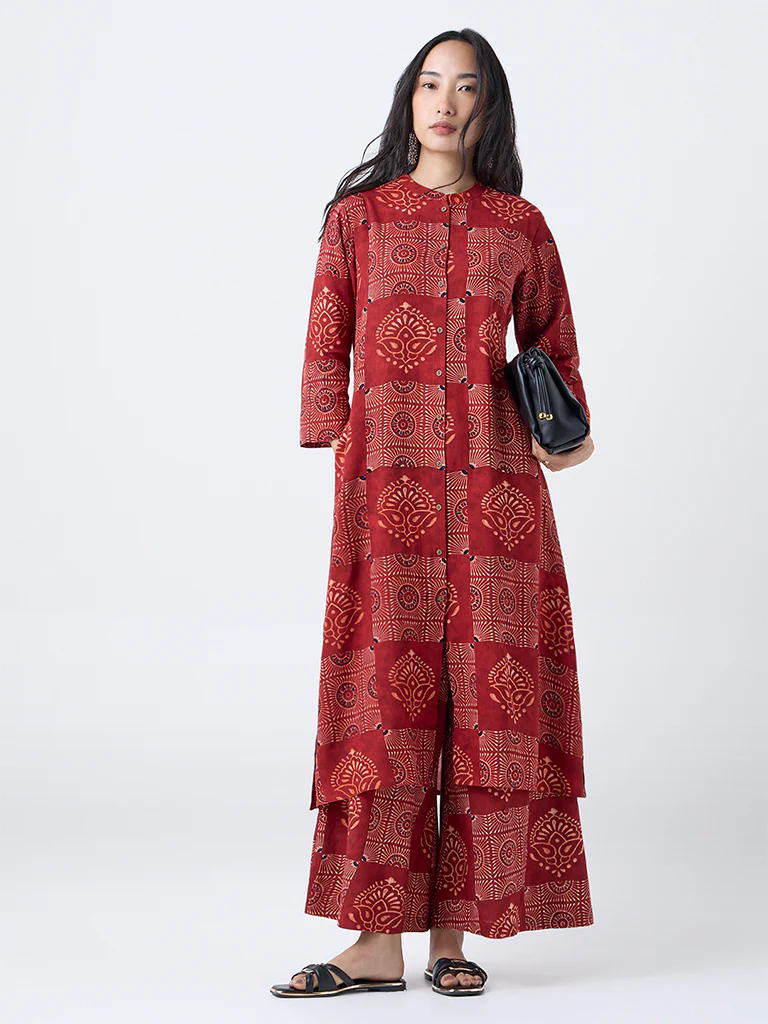 Utsa Red Printed A-Line Kurta