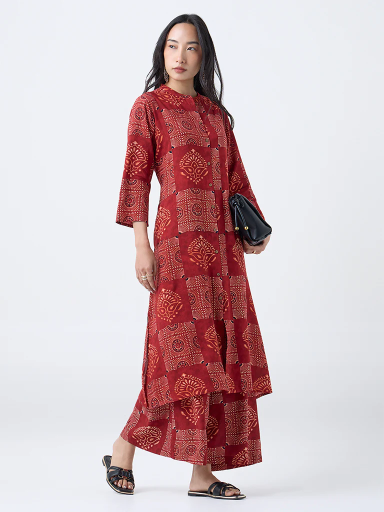 Utsa Red Printed A-Line Kurta - Image 2