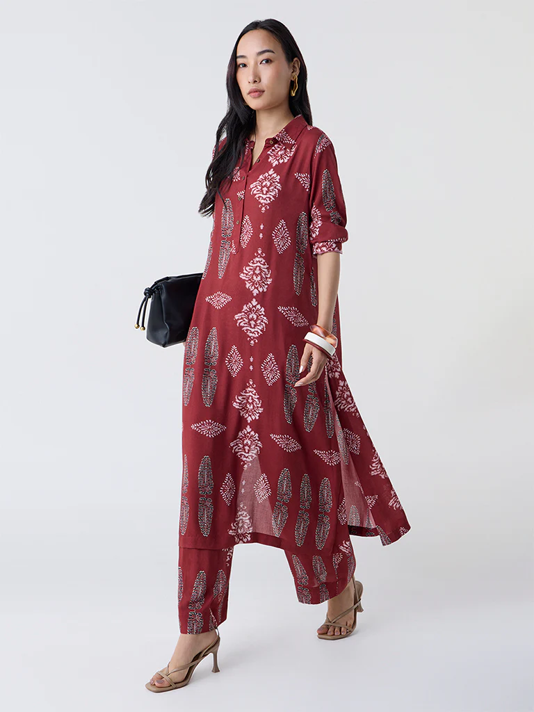 Utsa Red Printed A-Line Kurta - Image 2