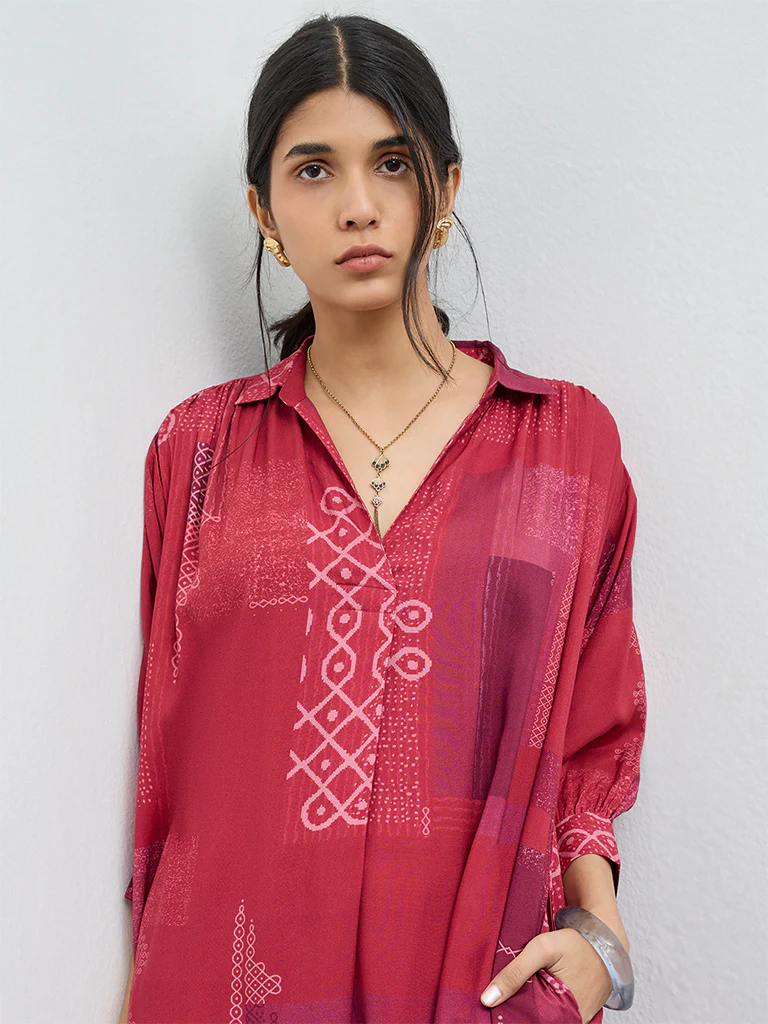 Utsa Red Printed A-Line Kurta - Image 3